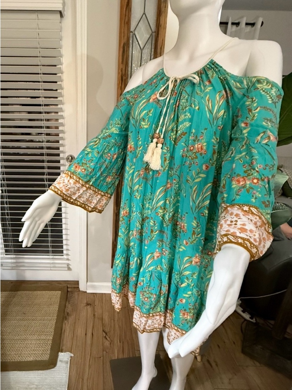 Turquoise Floral Off-Shoulder Boho Dress